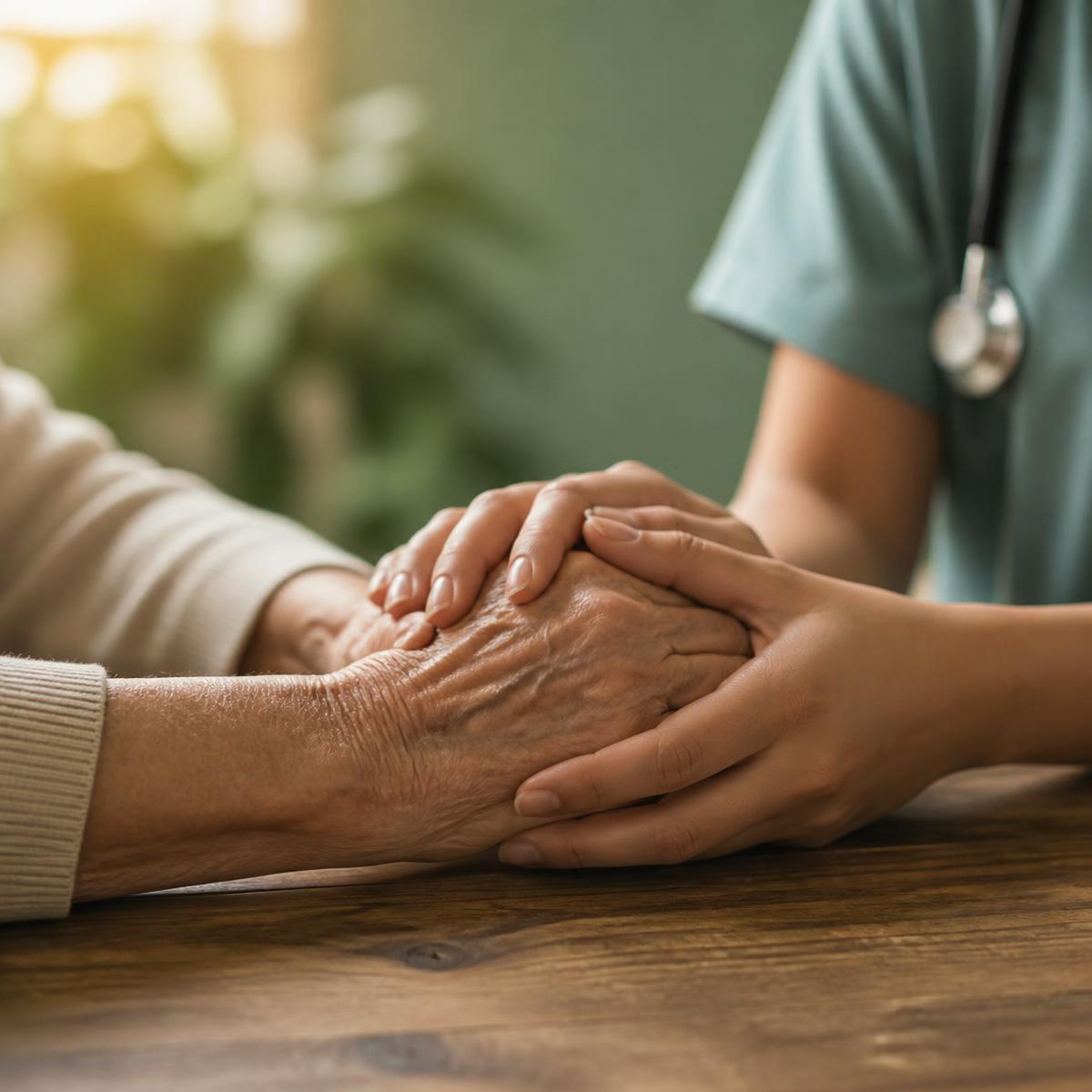 A caregiver gently holding an older person’s hands